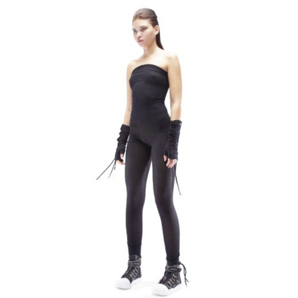 Demobaza Ribbed Strapless Jumpsuit Women Medium Black Acid Wash Avant Garde BG